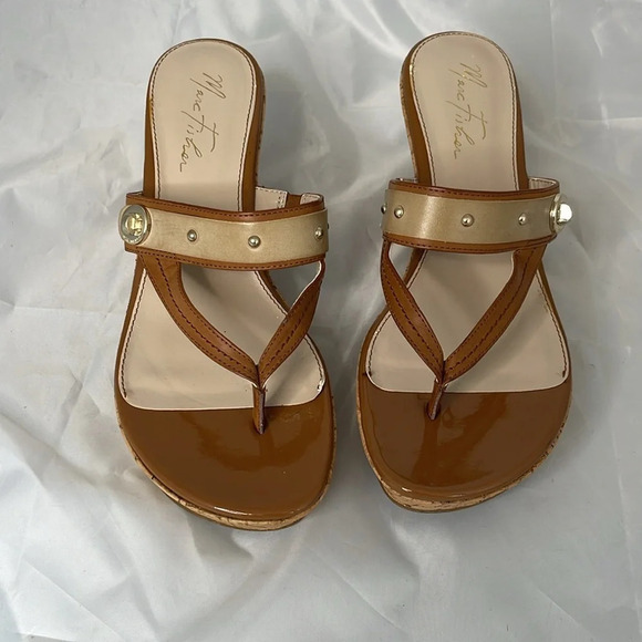 MARC FISHER OReally Platform Cork Wedge Thong Sandals 2 Tone Brown Vegan 9.5 - Picture 6 of 12